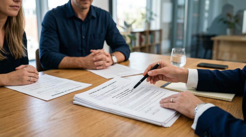 Three people sit at a table with documents, one pointing as they discuss workers’ compensation mediation options.