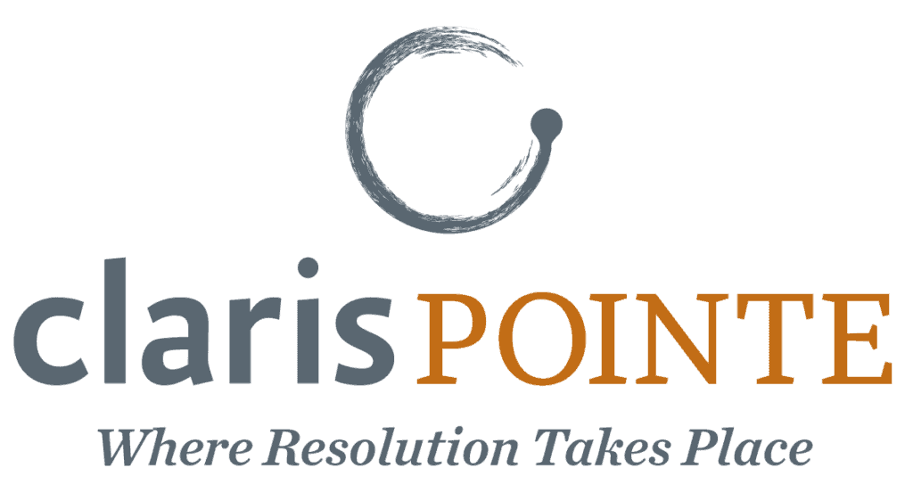 Logo featuring a brushstroke circle, “clarisPOINTE,” and tagline, on a light background for legal mediation services.