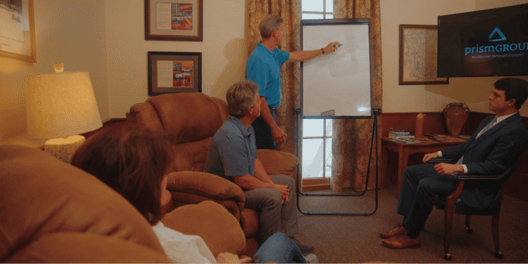 A man in a blue shirt discusses workers’ compensation mediation with three people in a cozy office, TV shows prismGROUP logo.