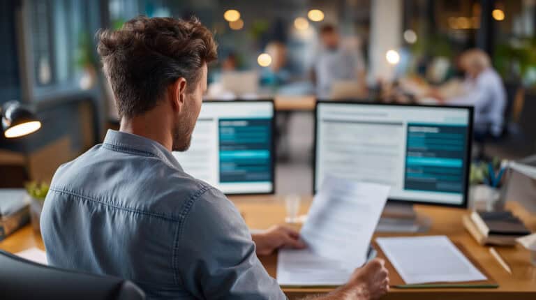 Man studies documents on dual monitors in his office, concentrating on workers’ compensation legal mediation.