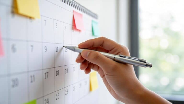 A hand with a pen points at a calendar filled with colorful sticky notes, ideal for organizing legal mediation sessions.