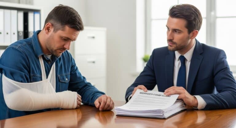 A man with his arm in a sling consults with a suited professional about a workers’ compensation form at a desk.
