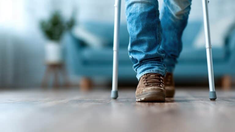 Person in jeans and brown shoes uses crutches, illustrating the need for legal mediation after a work injury.