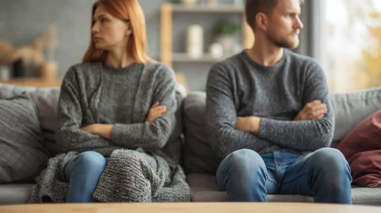 A woman and man sit on a couch with crossed arms, both looking upset after a longshore harbor claims mediation.