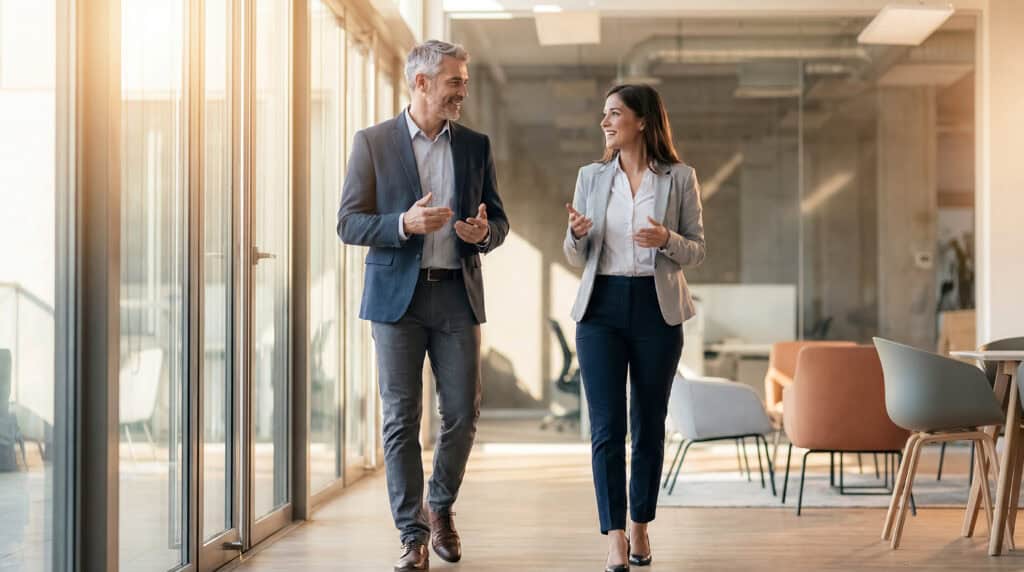 Two professionals talk about mediation as they walk through a modern office with bright lighting and glass walls.