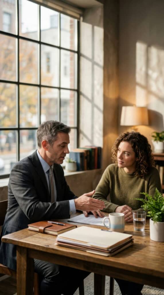 A man in a suit and a woman talk about casualty mediation services at a wooden table in a bright office with paperwork.