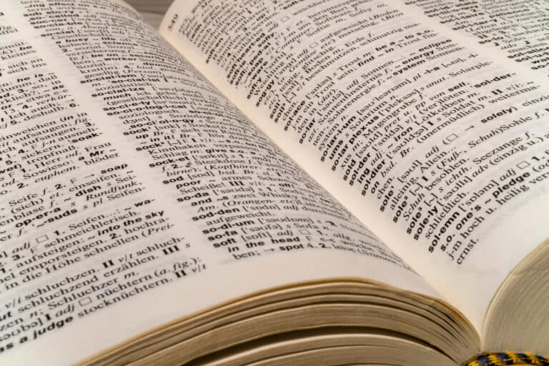 An open bilingual dictionary shows English and German words, useful for legal mediation needing precise translations.