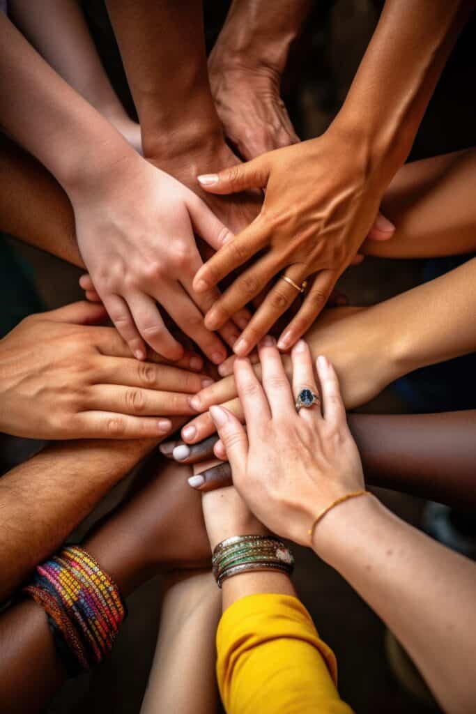 Diverse hands stacked together, symbolizing unity and teamwork in legal mediation; some wear bracelets and a ring.