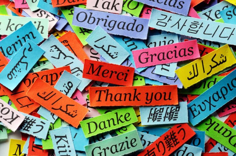 Colorful paper strips display “thank you” in multiple languages, reflecting the diversity of workers’ compensation mediation.