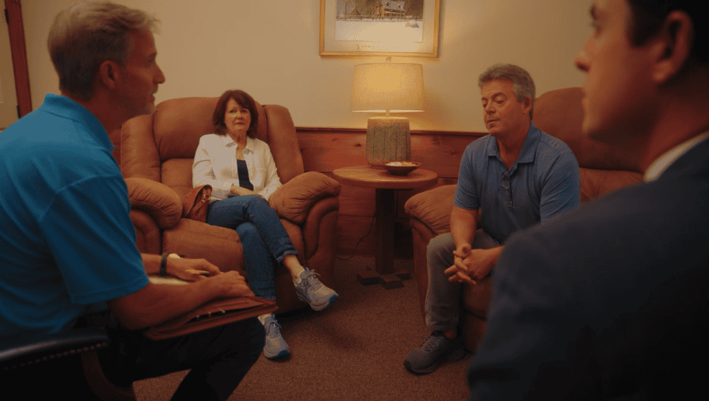 Four adults in a warmly lit room participate in mediation; one, holding a clipboard, appears to guide the discussion.