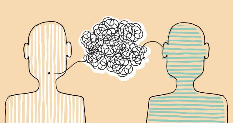 Two outlined figures face each other with a black line between them, representing complex legal mediation communication.