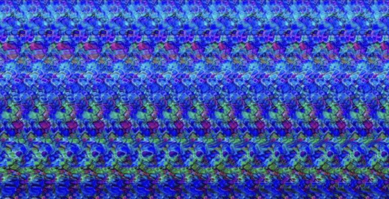 A blue and green stereogram featuring repeating patterns, creatively illustrating workers’ compensation mediation.
