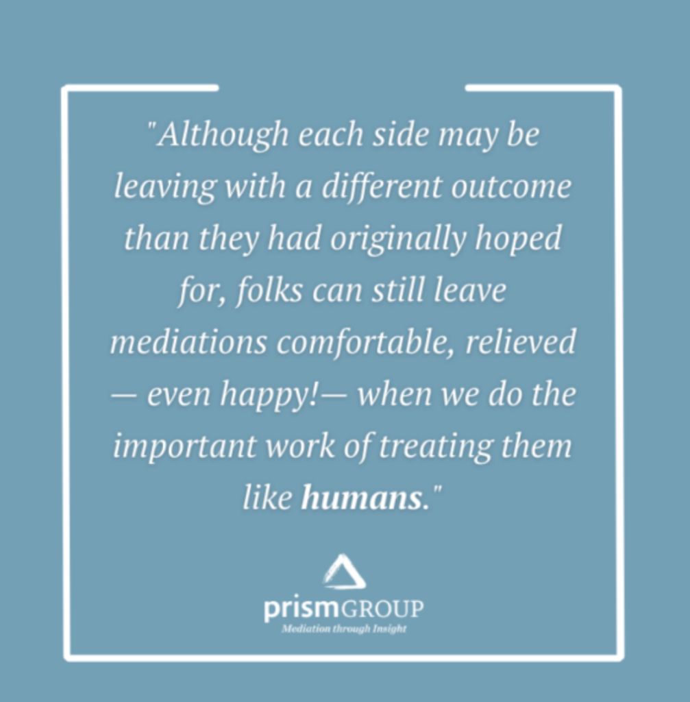 Quote shows how mediation services help parties feel comfortable and relieved—prismGROUP. Blue background, white text, logo.