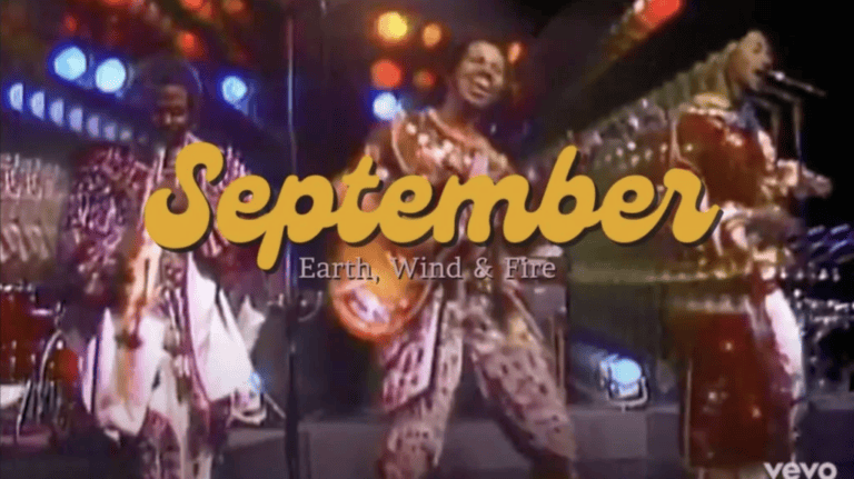 Three musicians perform onstage, with “September” and “Earth, Wind & Fire” overlaid—evoking harmony and resolution.