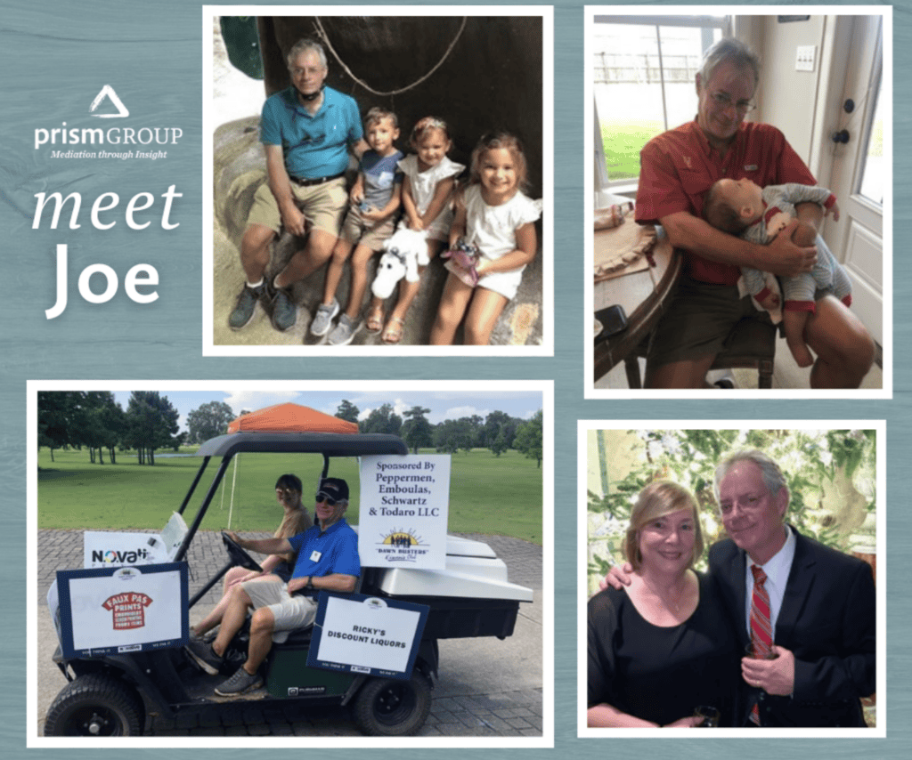 A man enjoys dinner with family, a golf cart ride, and events, showing how legal mediation supports daily situations.