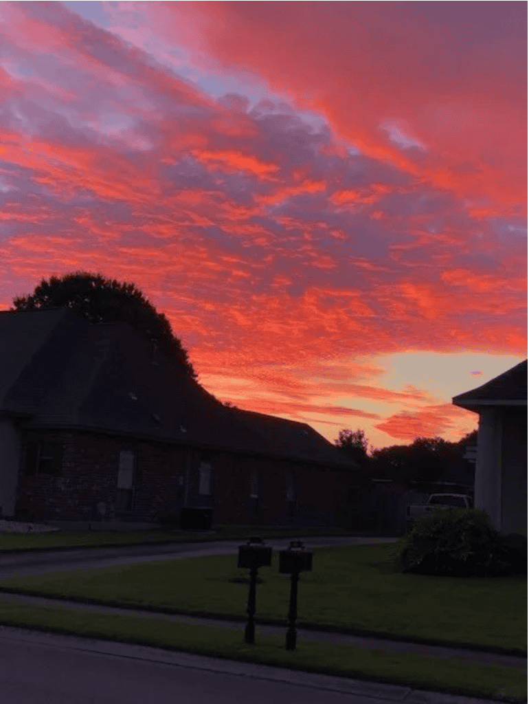 Vivid pink and orange sunset clouds above houses, suggesting a sense of relief from workers’ compensation mediation.