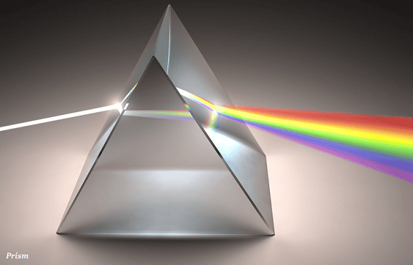 White light entering a triangular glass prism and emerging as a rainbow spectrum.