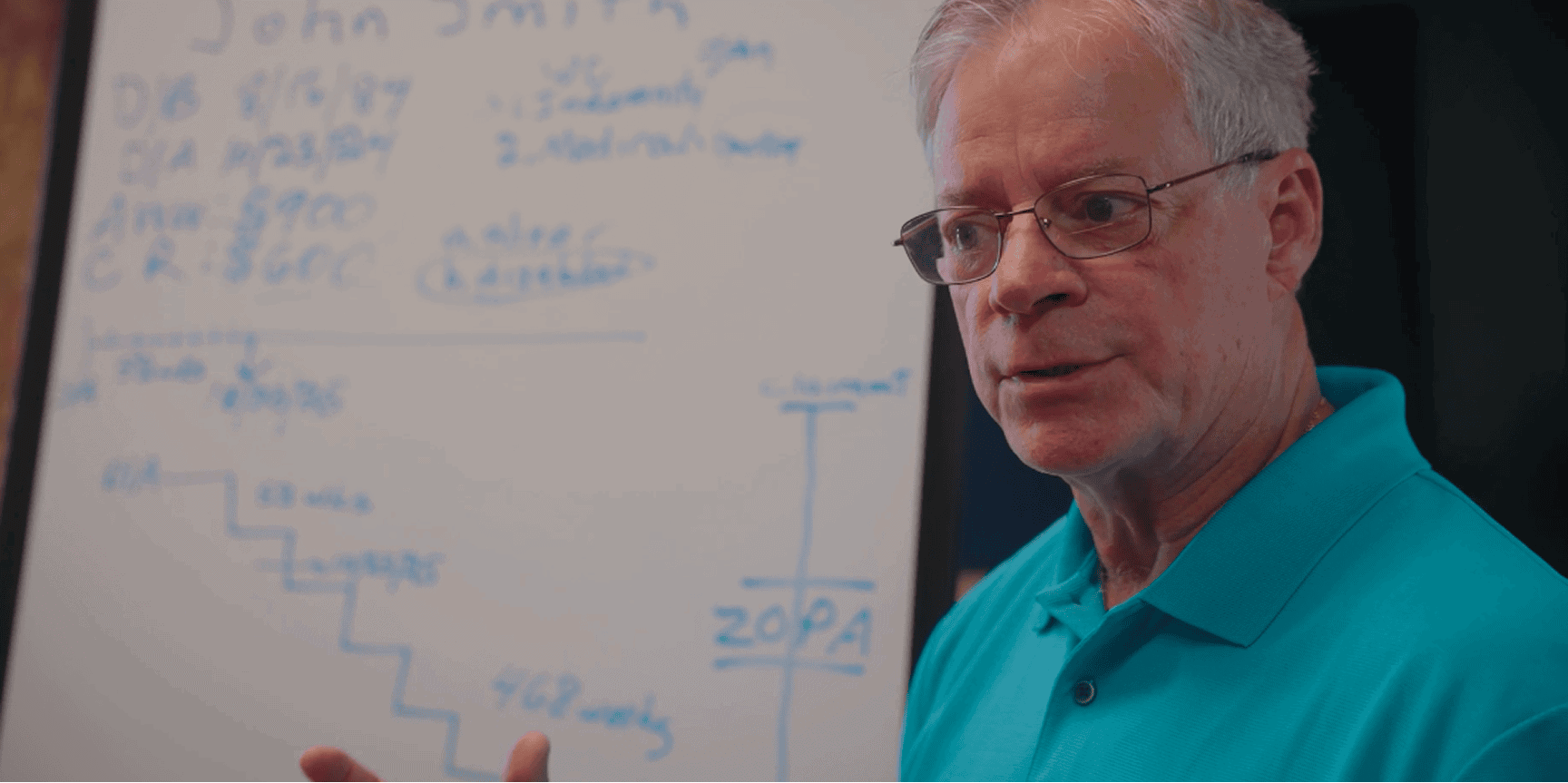 A man wearing glasses and a teal shirt stands by a whiteboard, explaining workers’ compensation mediation strategies.