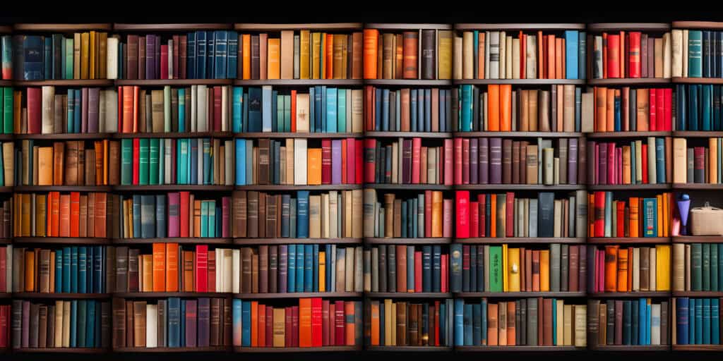 A bookshelf with neatly arranged books, including several about casualty mediation services, fills multiple rows.