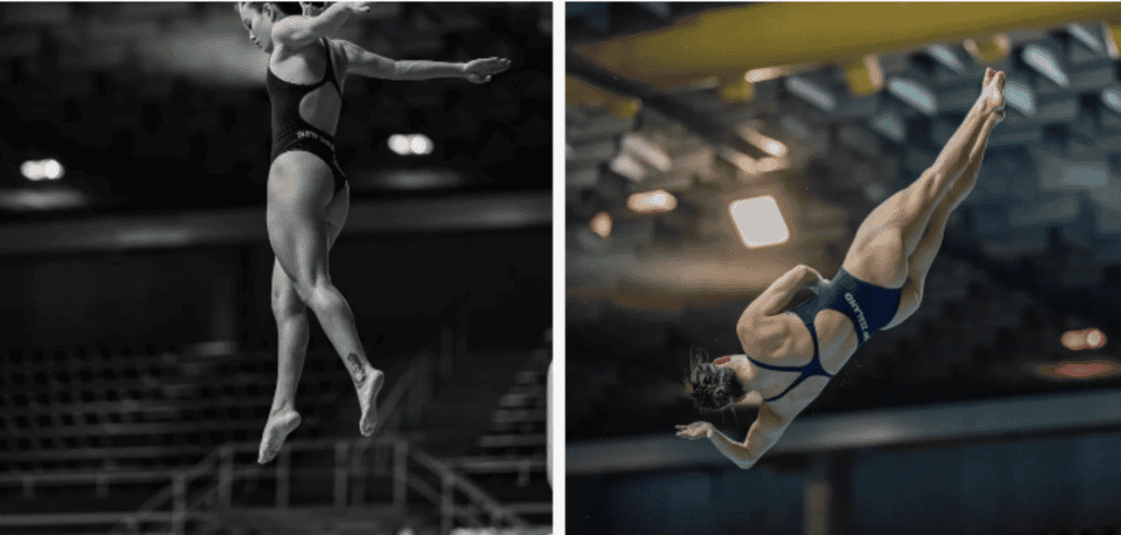 Two women divers in swimsuits dive mid-air, symbolizing balance in mediation; one photo is in black and white, the other in color.
