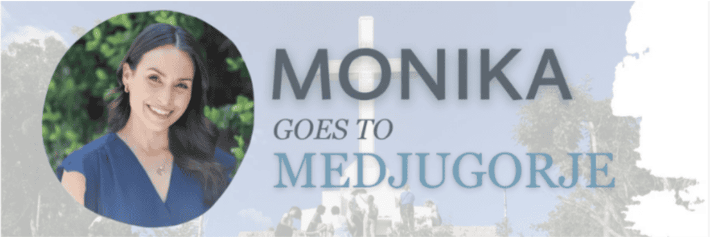 Smiling woman in a blue top; text says “Monika Goes to Medjugorje,” referencing workers’ compensation mediation.