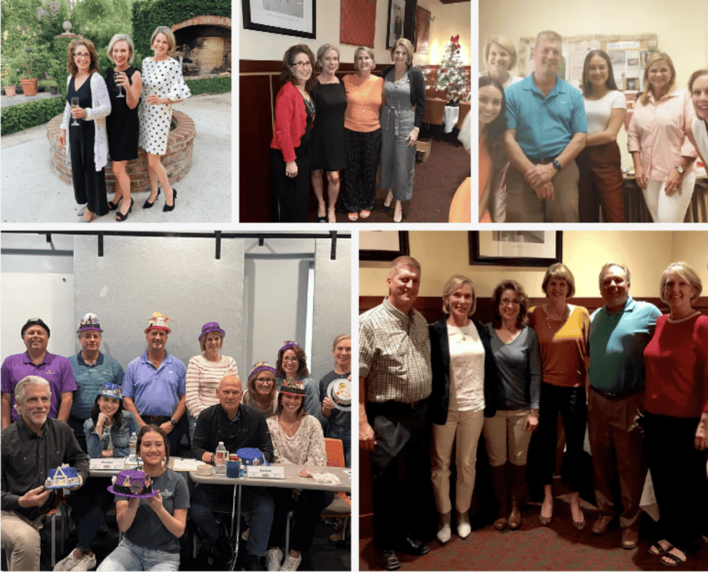 A collage of five group photos of workers’ compensation legal mediation professionals, taken indoors and outdoors.
