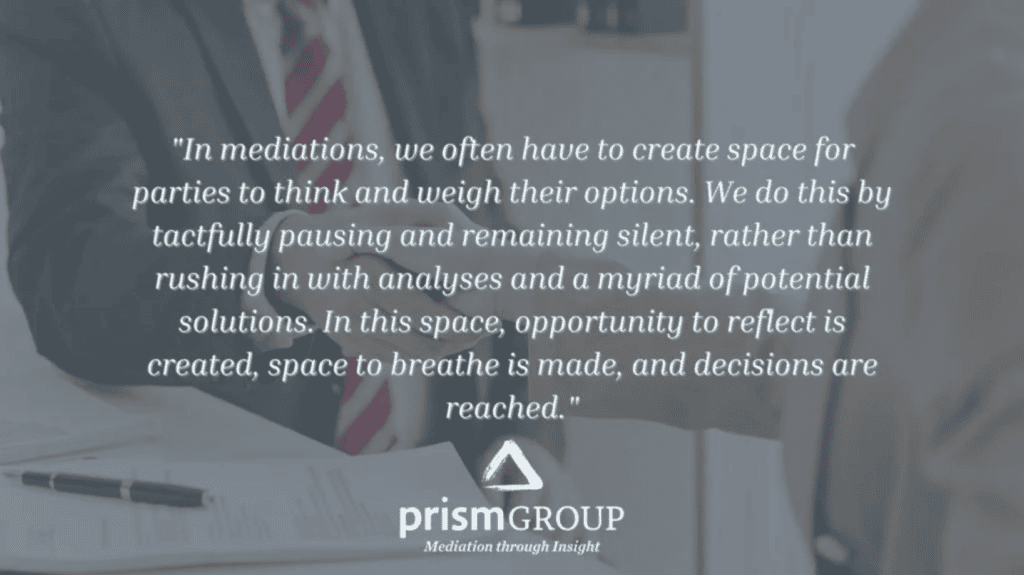 A mediation and reflection quote appears over a blurred meeting, with Prism Group’s legal mediation logo at the bottom.