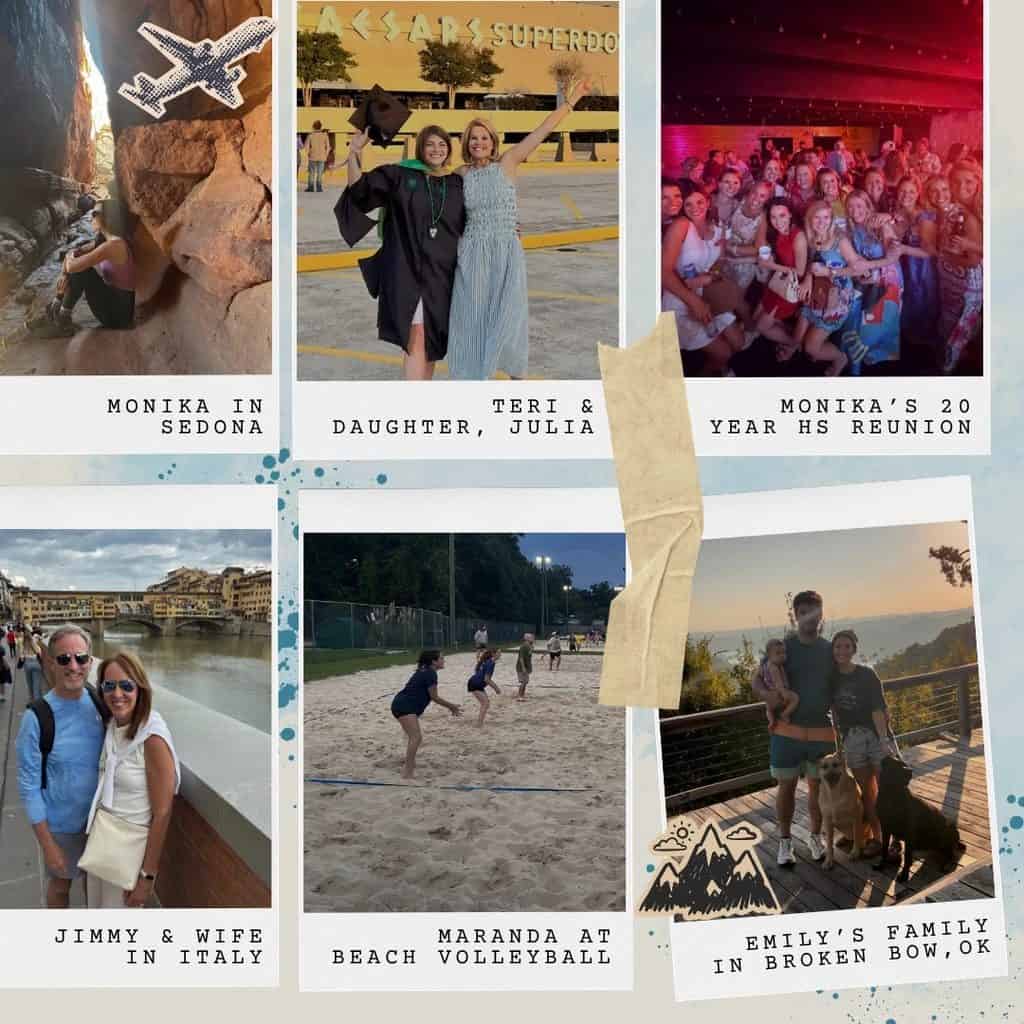Collage of six labeled photos showing people at events and places during Summer 2026 graduations, reunions, travel, and sports.