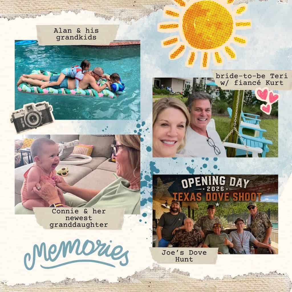 Collage of family photos: poolside summer fun, smiling couple, baby with grandmother, and Texas dove hunt with captions.